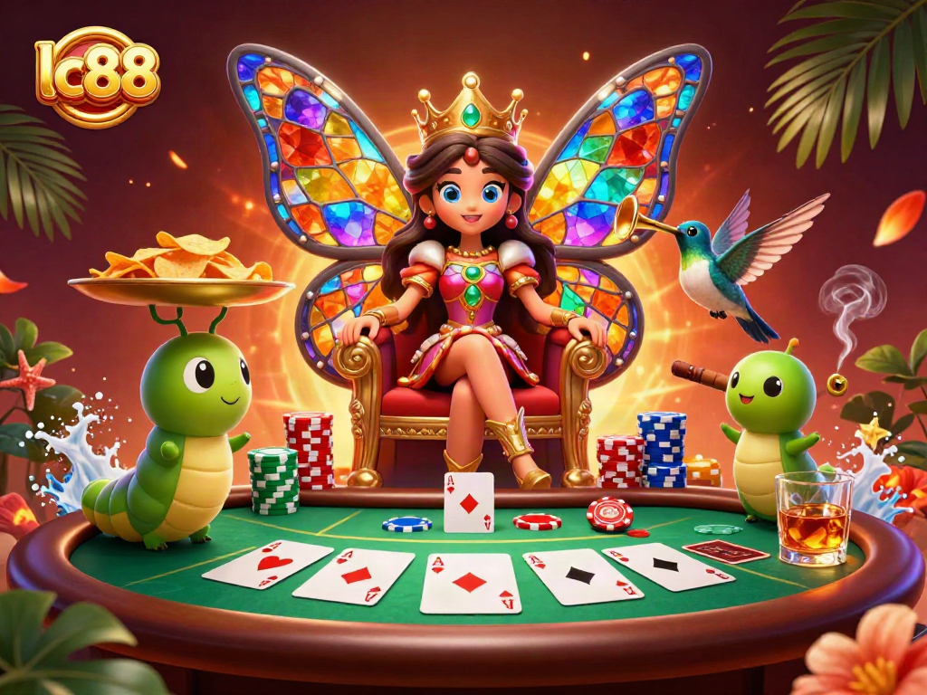 Experience winning moments at lc88 with vibrant casino characters and poker elements in scene.