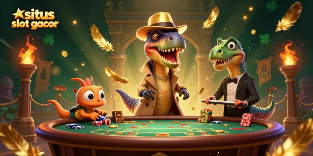Situs slot gacor gameplay with a velociraptor at a blackjack table and a sneaky compy at a casino