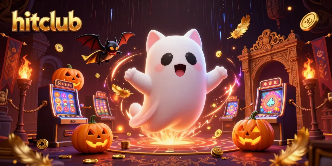 Engage in thrilling gameplay at hitclub with a floating ghost cat and vibrant casino elements.