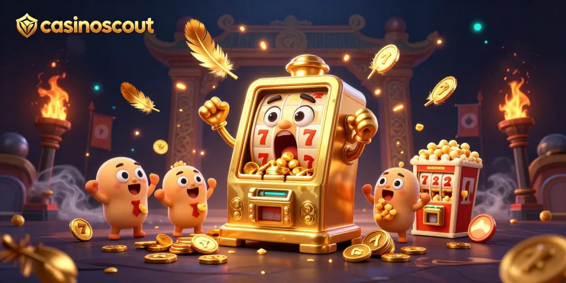 Watch the casinoscout golden slot machine hit the jackpot with coins pouring out, celebrating with baby slot machines.