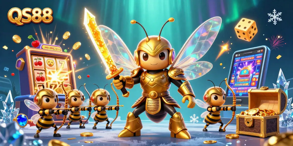 Experience the excitement of QS88 with a golden hornet samurai amidst a thrilling casino scene.
