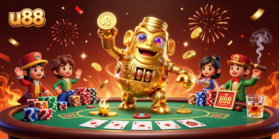 Experience exhilarating gameplay at u88 with vibrant poker elements and an animated golden golem.