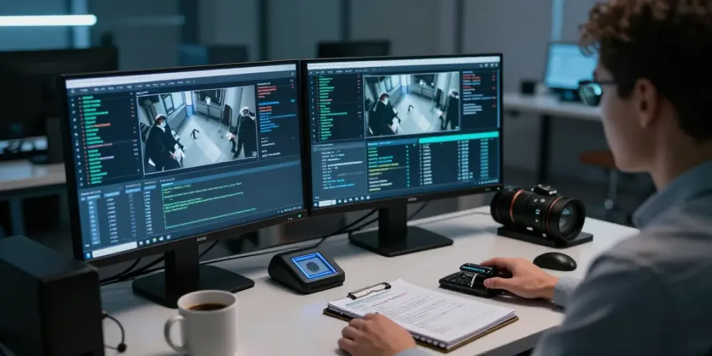 Cyber fraud investigation expert analyzing data in a high-tech office environment.
