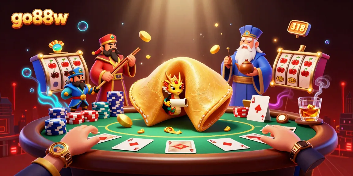 Join the excitement at go88w, featuring dynamic casino elements and golden themes in a captivating illustration.