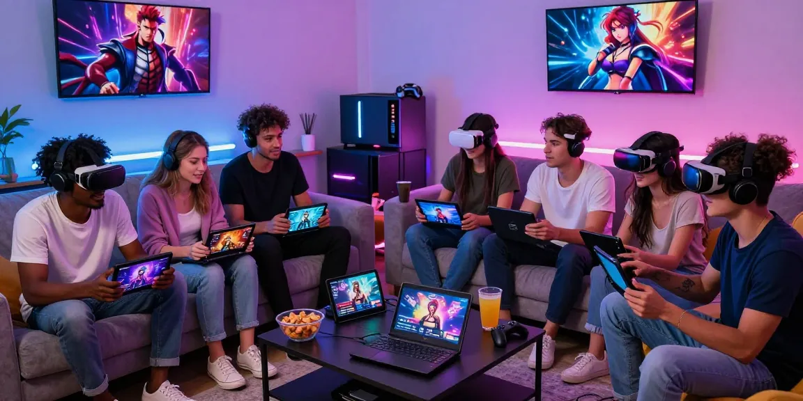 Engaged gamers playing hentai game online in a vibrant living room setting.