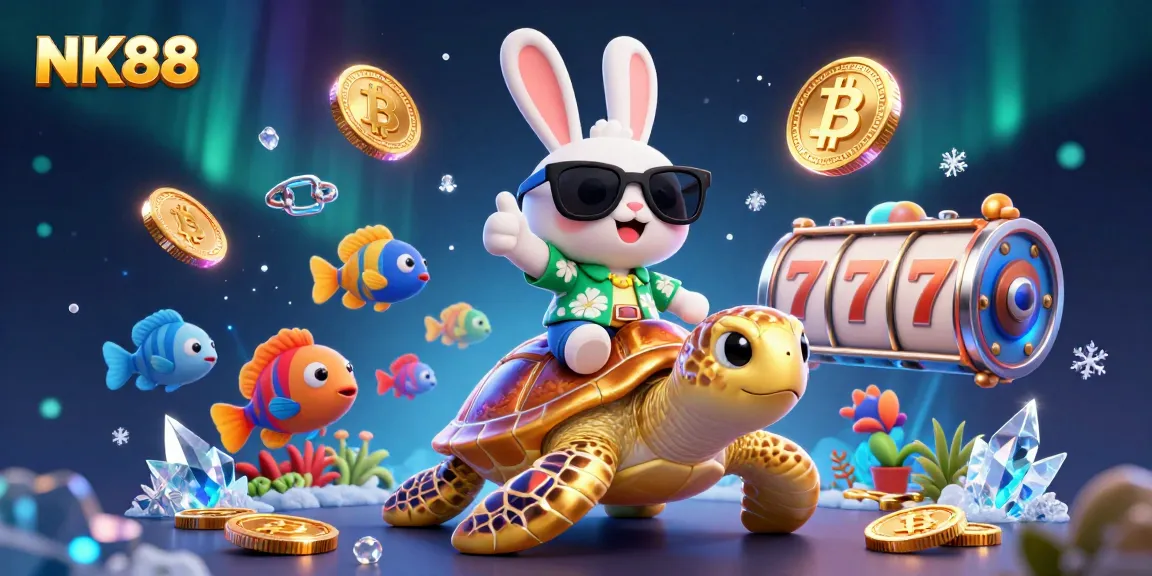 Experience the vibrant world of NK88, featuring a lucky rabbit and a golden sea turtle among slot game elements.