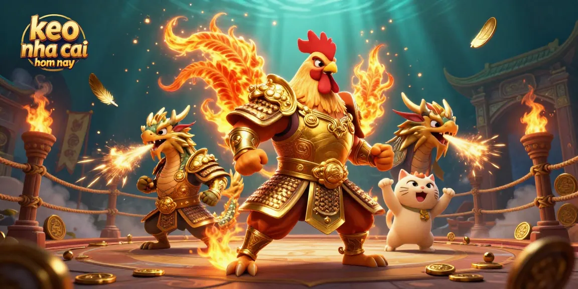Engage with keo nha cai hom nay through an exciting scene featuring a rooster warrior, dragon, and gold coins.