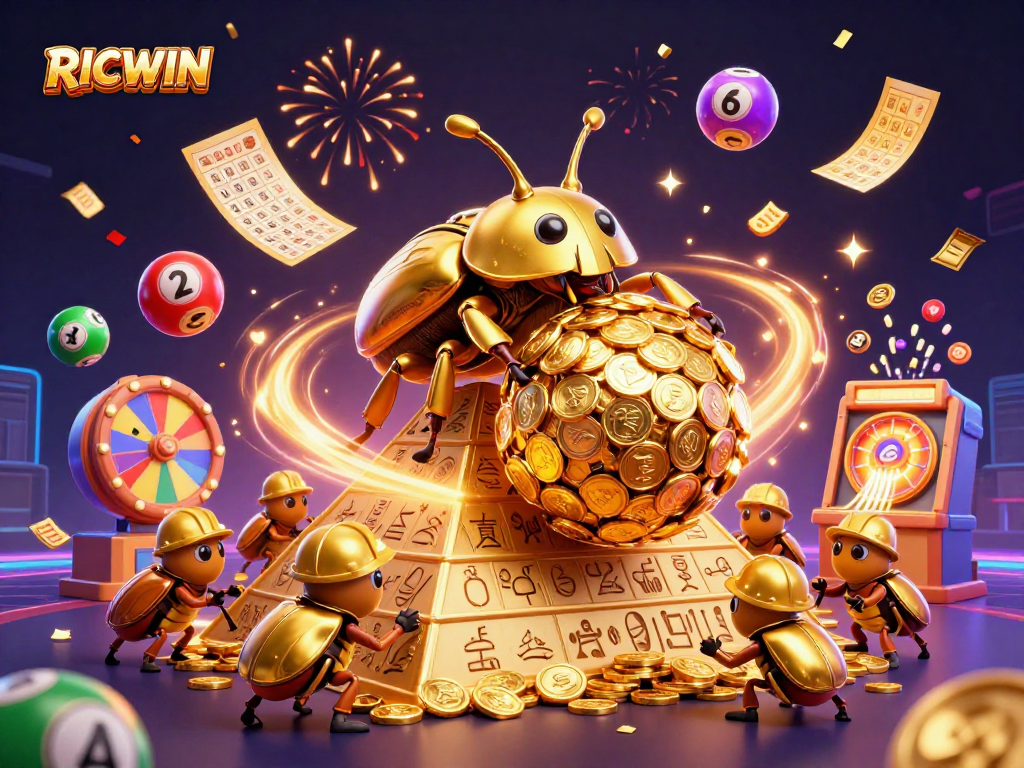Experience RICWIN with a lively scene of golden beetles and dynamic gambling symbols in action.