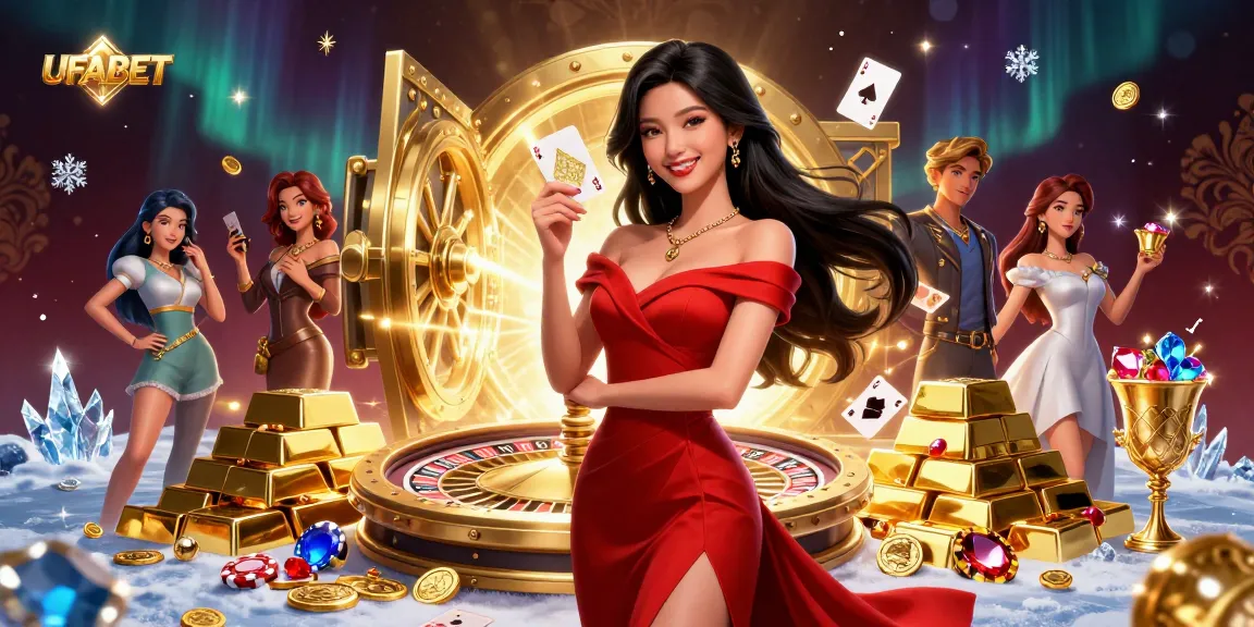 Experience winning excitement at UFABET, featuring a glamorous scene with a beautiful dealer, roulette, and jewels.