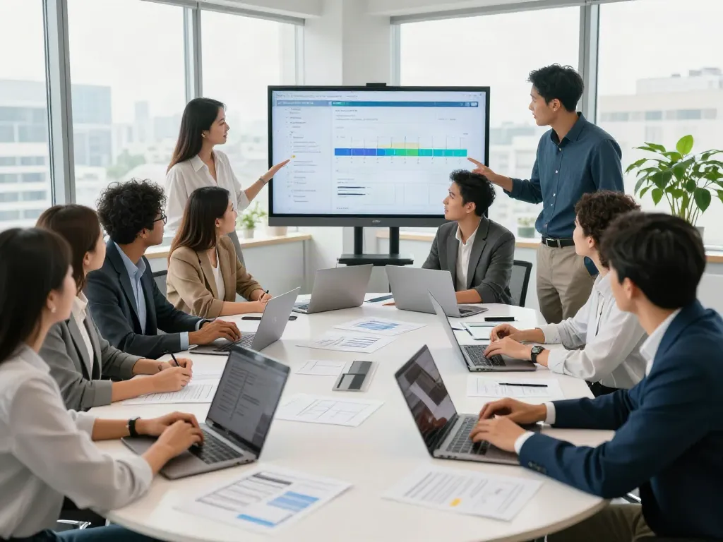 Business team collaborating in a modern office, look at this now for inspiring teamwork.