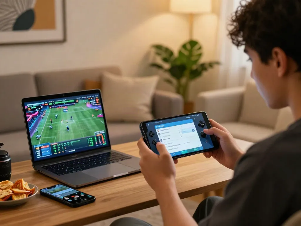 Engaging online betting experience on http://11bet-app.net/ with a person gaming on a smartphone in a cozy setting.