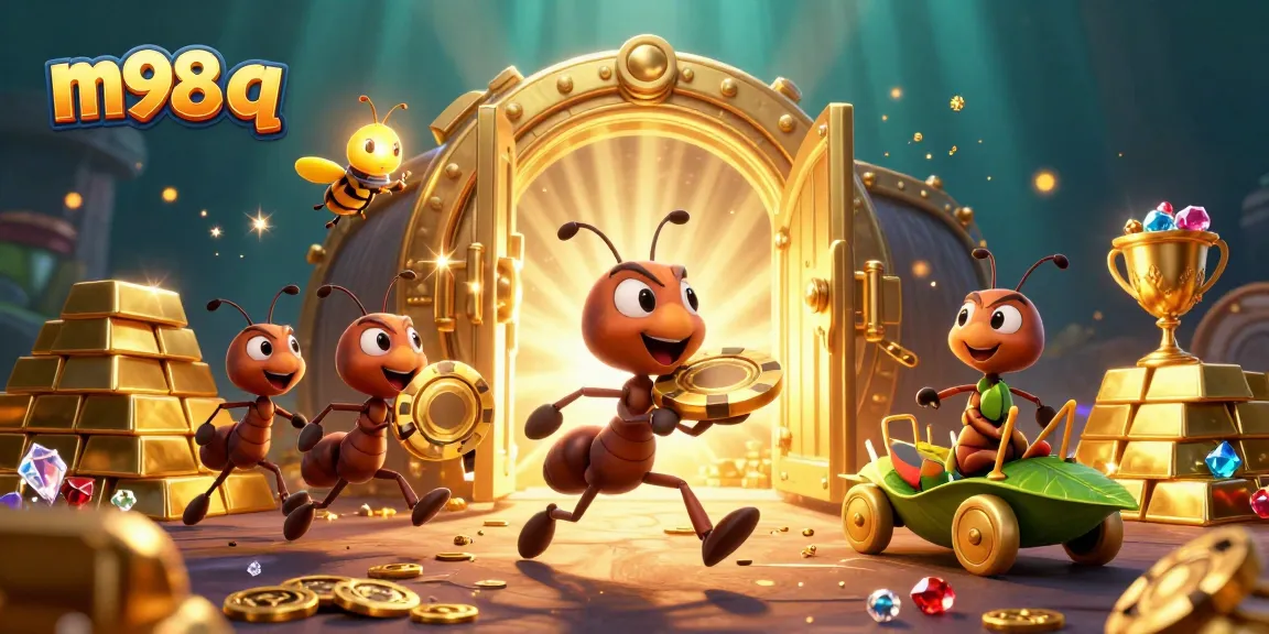 Join the heist in this m98 q-themed cartoon scene with ants, gold poker chips, and treasure.
