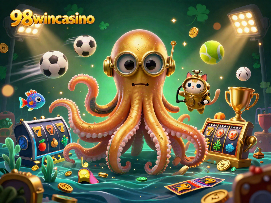 Engage with 98wincasino’s captivating slot experience featuring a colossal kraken and diving cat in action.