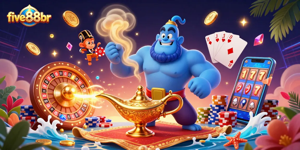 Experience thrilling slots and casino magic with five88br’s enchanting 3D illustration featuring a genie, poker chips, and more!
