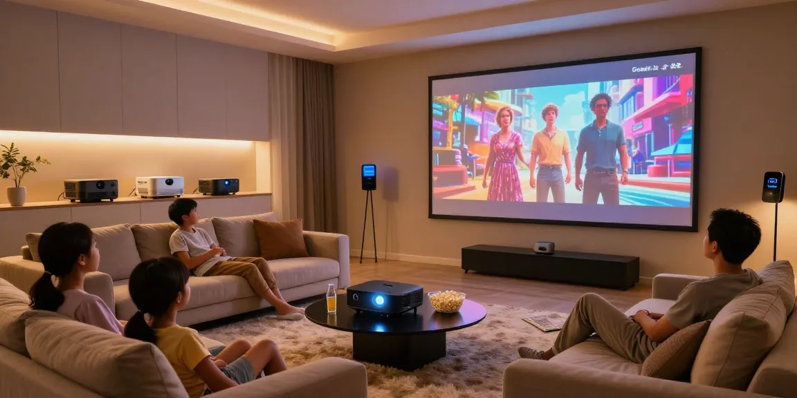 Family enjoying the best projector 2026 in a cozy home theater setting with smart home devices.