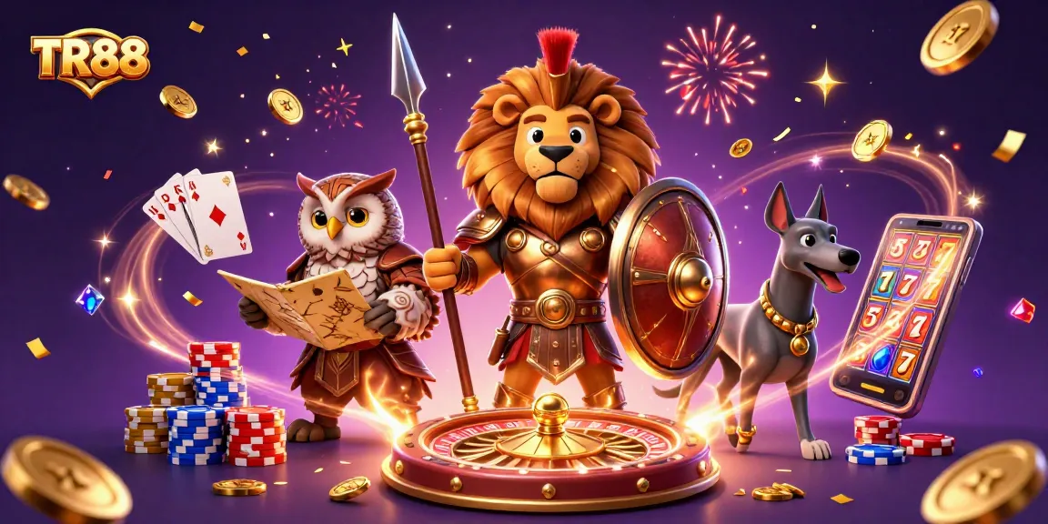 Win big with TR88 in an epic online casino world featuring vibrant characters and dazzling game elements.