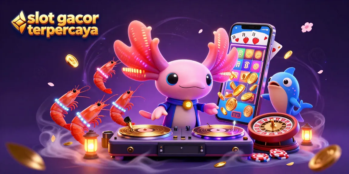 Experience slot gacor terpercaya with vivid illustrations of a neon axolotl DJ spinning colorful slot game reels and vibrant casino elements.