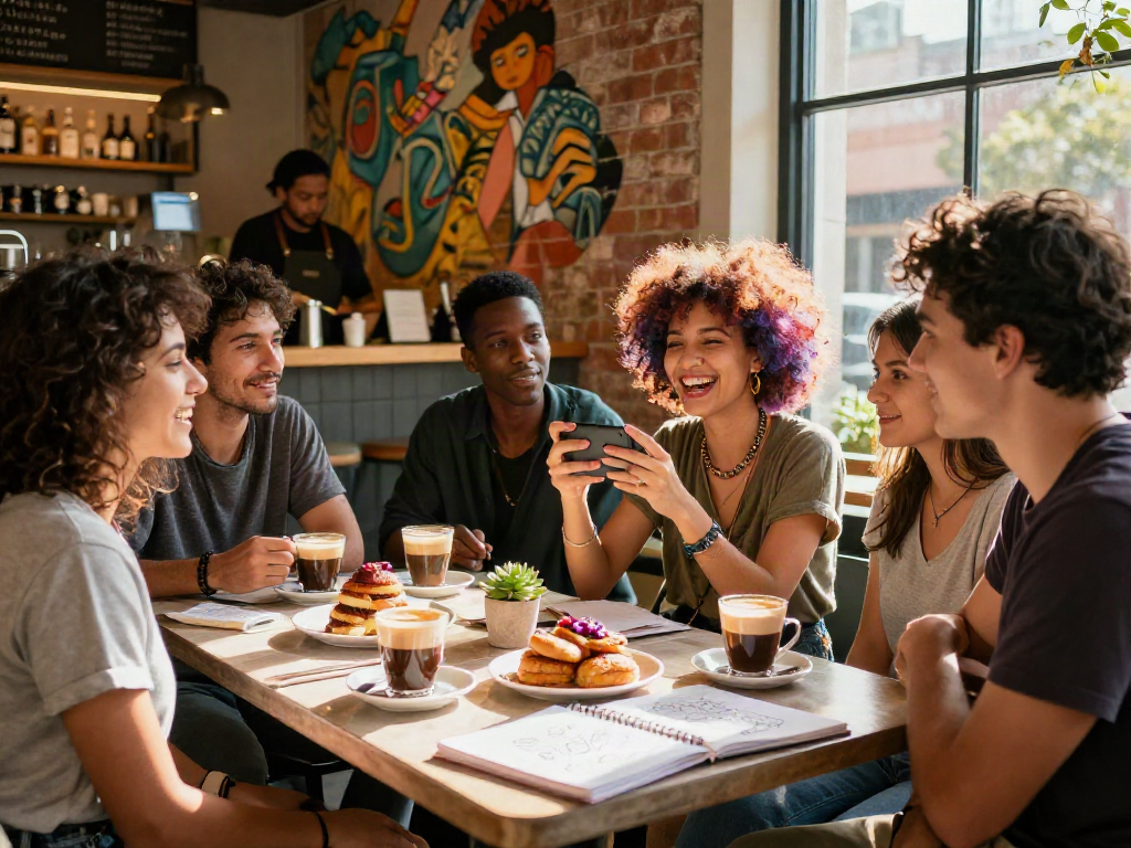 Friends enjoying a spicy chat in an urban café, surrounded by coffee and pastries.