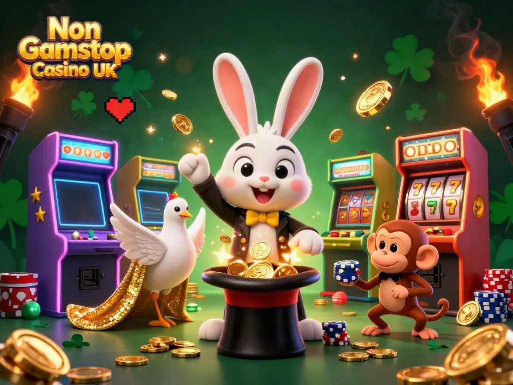 Experience the excitement of Non Gamstop Casino UK with a vibrant 3D scene of playful casino characters.